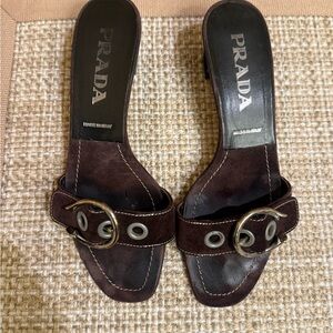Vintage Prada Women's Dark Brown Mules with Silver Accents